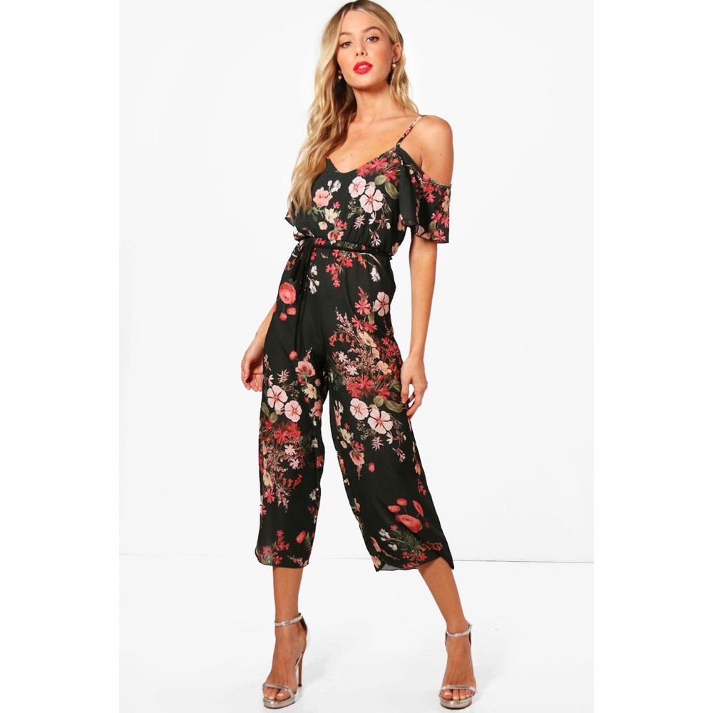 Black Floral Jumpsuit with Cold Shoulder